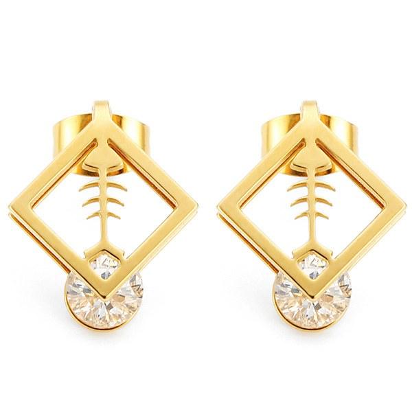 1pc Square Fish Bone Zircon Crystal Stud Earrings Gold Silver Plated