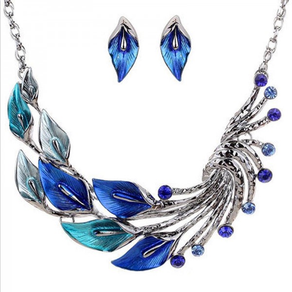 Gradient Color Leaf Peacock Enamel Crystal Necklace Dangle Earrings Jewelry Set for Women