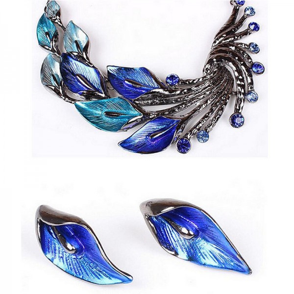 Gradient Color Leaf Peacock Enamel Crystal Necklace Dangle Earrings Jewelry Set for Women