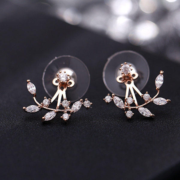 925 Silver Needle Leaves Cubic Zircon Crystal Stud Earrings For Women