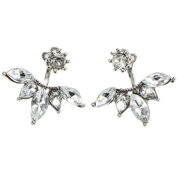 Elegant Silver Gold Plated Zircon Leaf Ear Stud Earrings For Women