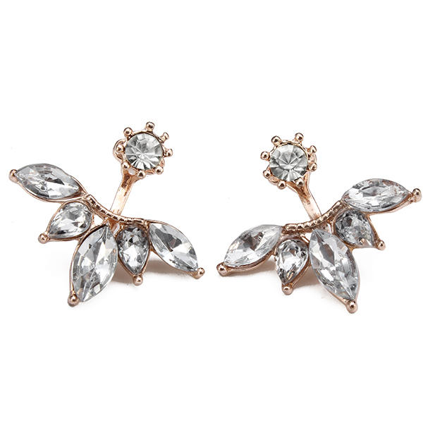 Elegant Silver Gold Plated Zircon Leaf Ear Stud Earrings For Women