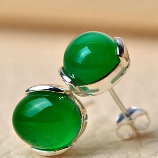 Silver Plated Lady Round Green Agate Earrings Elegant Gemstone Ear Stud Chinese Style for Women