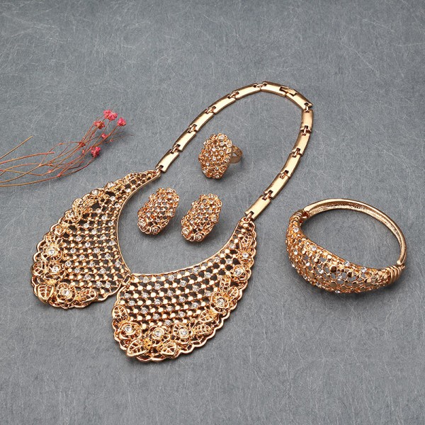 Leaf Hollow Out Collar Shape Necklace Earrings Ring Bracelet Jewelry Set