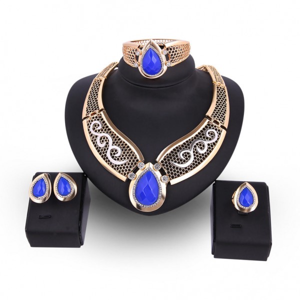 18K Gold Plated Resin Water Drop Necklace Earrings Ring Bracelet Jewelry Set