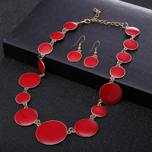 Elegant Jewelry Set Red Enamel Round Flat Shape Necklace Earrings Wholesale Women Jewelry