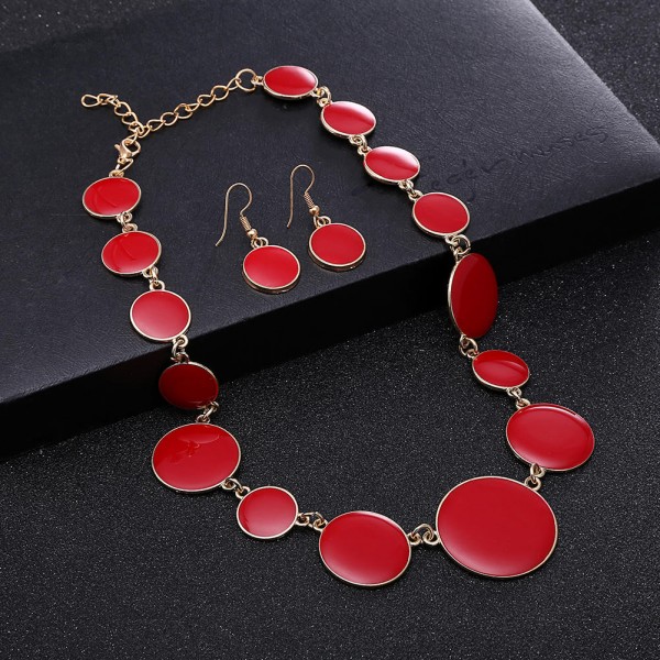 Elegant Jewelry Set Red Enamel Round Flat Shape Necklace Earrings Wholesale Women Jewelry