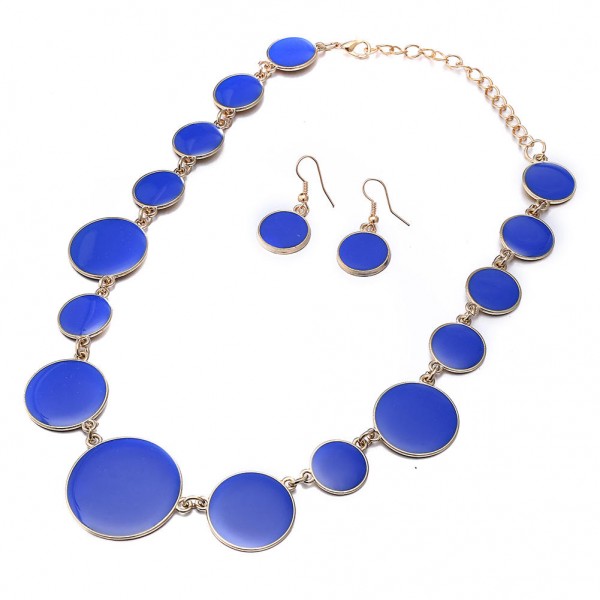 Blue Enamel Round Flat Necklace Earrings Jewelry Set Simple Style for Women