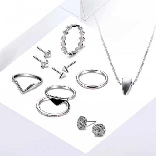 9 Pcs of Silver Plated Rings Crystal Earrings Geometric Necklace Jewelry Set