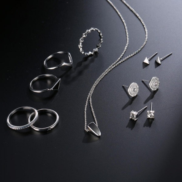 9 Pcs of Silver Plated Rings Crystal Earrings Geometric Necklace Jewelry Set