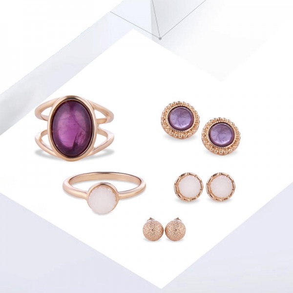 5 Pcs of Gold Silver Plated Gem Rings Crystal Earrings Jewelry Set