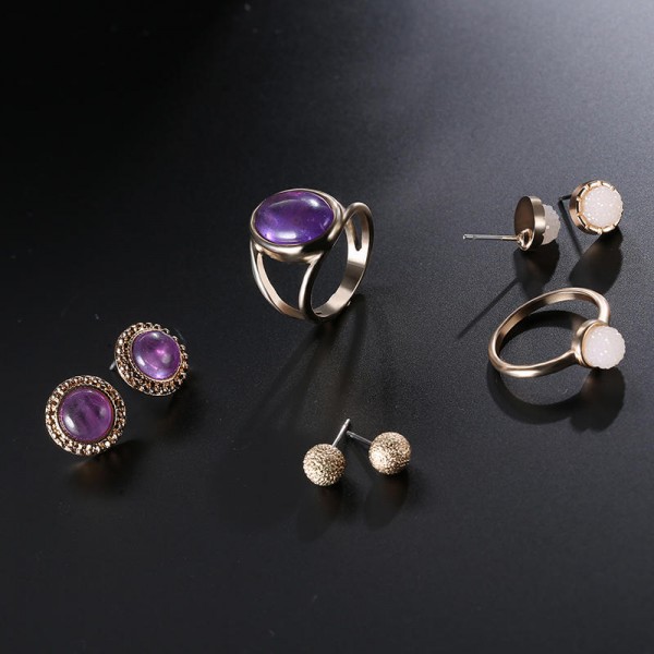 5 Pcs of Gold Silver Plated Gem Rings Crystal Earrings Jewelry Set