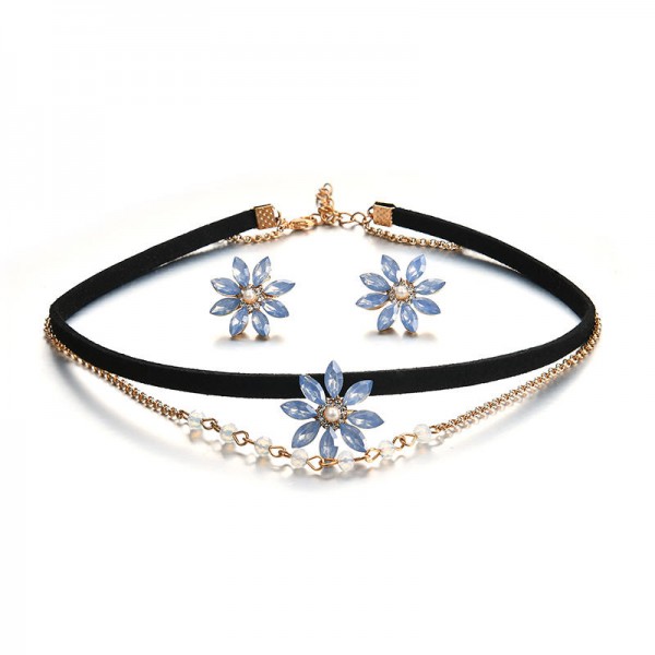 Elegant Gift for Women Blue Rhinestone Pearl Flower Double Layer Choker Necklace Snowflake Earrings