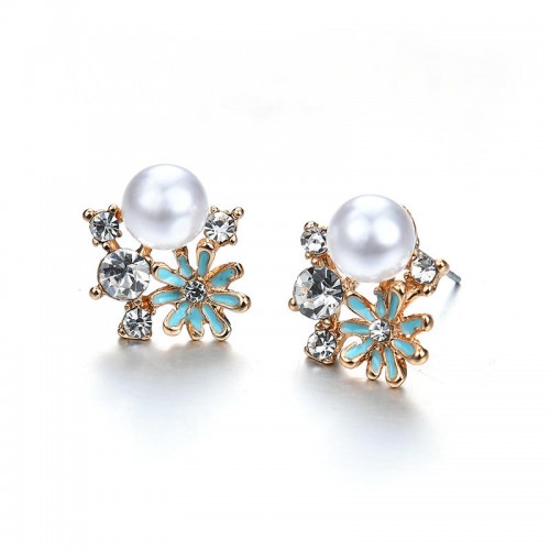Elegant Pearl Flower Sparkling Rhinestone Double Layer Gold Chain Black Choker Earrings for Women