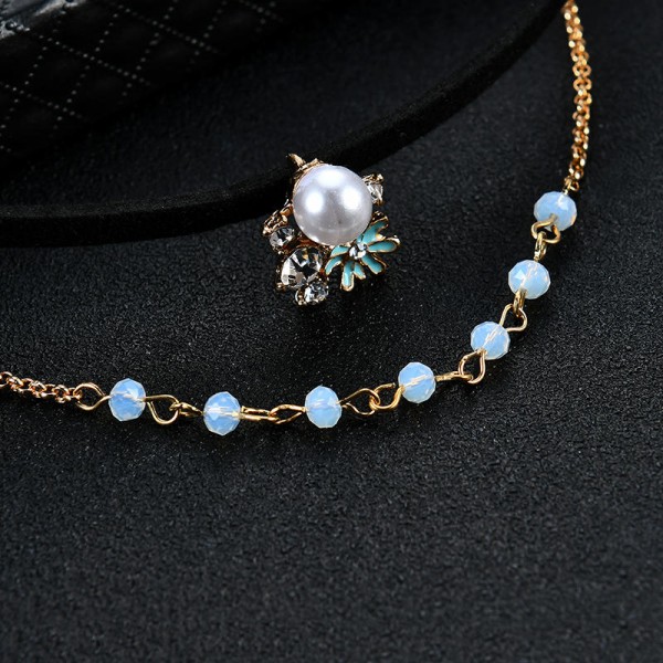 Elegant Pearl Flower Sparkling Rhinestone Double Layer Gold Chain Black Choker Earrings for Women