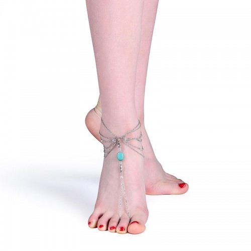 Retro Silver Anklet Turquoise Multilayer Vintage Barefoot Anklet for Women
