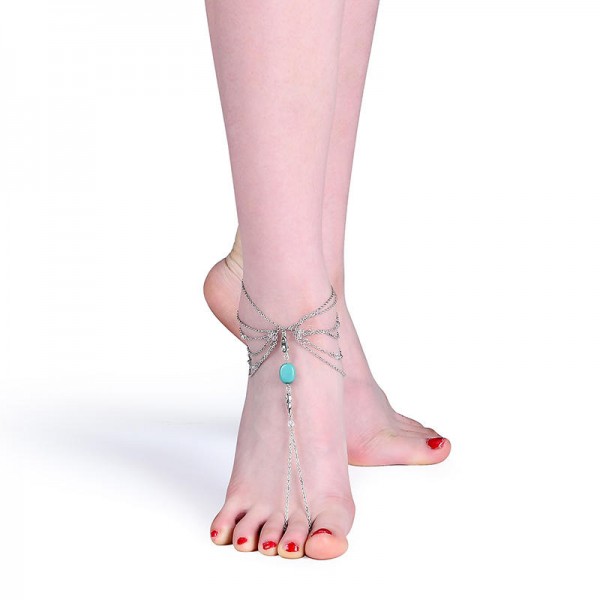 Retro Silver Anklet Turquoise Multilayer Vintage Barefoot Anklet for Women