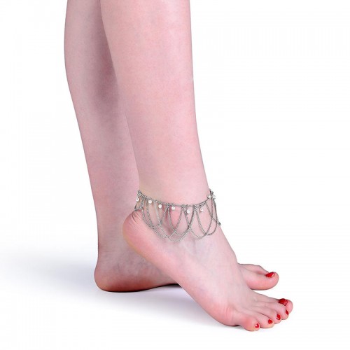 Elegant Women Anklet Chain Retro Tassel Pearl Silver Plated Anklet Gift