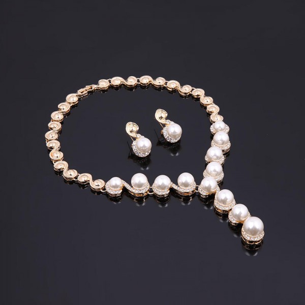 18K Gold Plated Necklace Pearl Earrings Ring Rhinestone Wedding Party Jewelry Set for Women