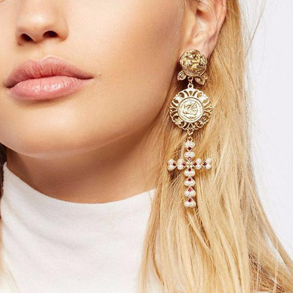  Gold Plated Rose Flower Cross Gold Earring Drop Long Dangle Earrings for Women