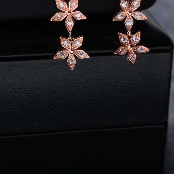 925 Sterling Silver Flower Earrings Dazzling Zirconia Rose Gold Ear Drop for Women