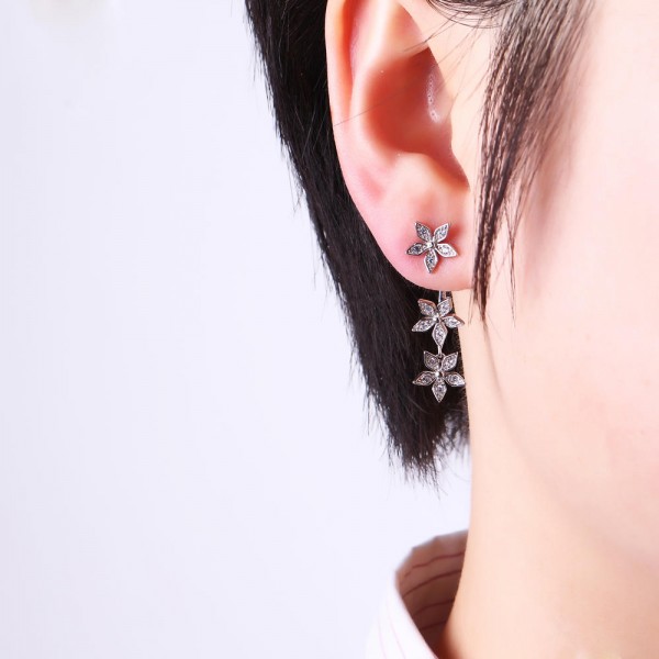 925 Sterling Silver Flower Earrings Dazzling Zirconia Rose Gold Ear Drop for Women