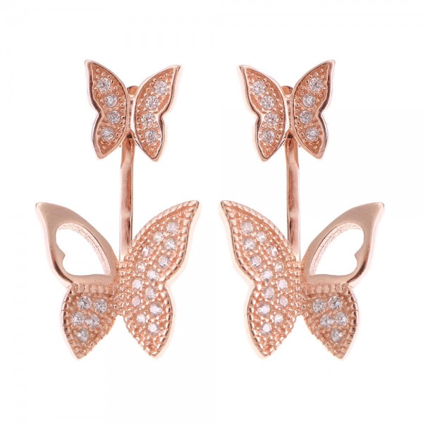 Sweet 925 Sterling Silver Rose Gold Earrings Full Zirconia Butterfly Piercing Ear Stud for Women