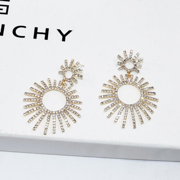 Luxury Gold Plated Full Rhinestones Shiny Sun Tassel Big Earring Trendy Dangle Earrings