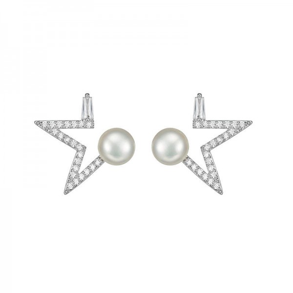 Fashion 925 Sterling Silver Stud Earrings Star Moon Rhinestones Pearl Earring Jewelry for Women