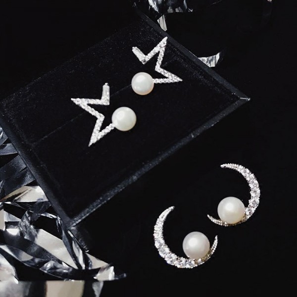 Fashion 925 Sterling Silver Stud Earrings Star Moon Rhinestones Pearl Earring Jewelry for Women