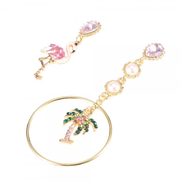 Cute Flamingo Coconut Tree Dangle Earring Asymmetry Pearls Crystal Diamonds Earrings for Women