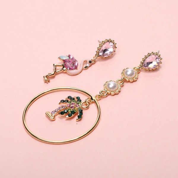 Cute Flamingo Coconut Tree Dangle Earring Asymmetry Pearls Crystal Diamonds Earrings for Women