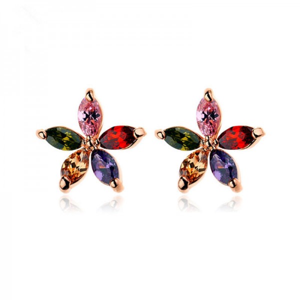 Luxury Rose Gold Earring Colorful Zirconia Flower Stud Earrings Classic Fine Jewelry for Women