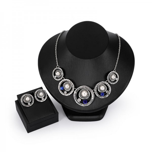 Luxury Antique Silver Sapphire Pearl Jewelry Set Women Statement Vintage Pearl Earrings Necklaces