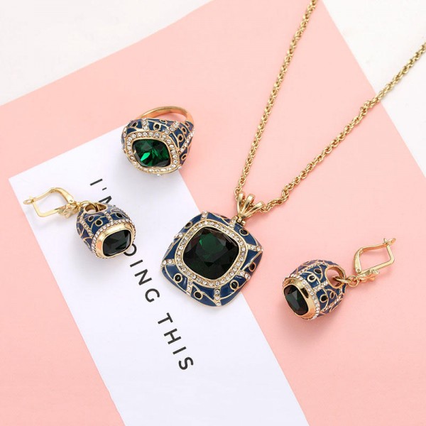 Luxury Emerald Crystal Cocktail Ring Vintage Necklaces Drop Earrings Bridal Jewelry Set for Women