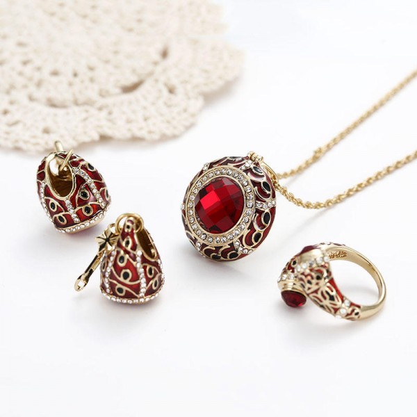 Luxury Red Crystal Statement Ring Charm Necklaces Star Drop Earrings Bridal Jewelry Set for Women