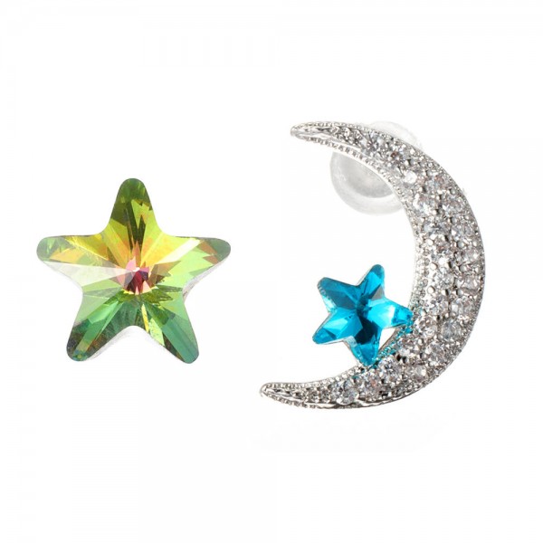 Unique Asymmetric Ear Stud Earring Luxury Micro Paved Zirconia Crystal Star Moon Piercing Earrings