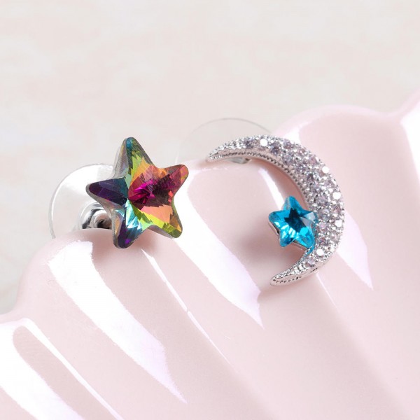 Unique Asymmetric Ear Stud Earring Luxury Micro Paved Zirconia Crystal Star Moon Piercing Earrings