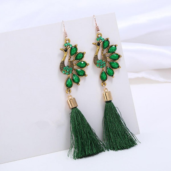 Ethnic Colorful Peacock Crystal Tassel Earring Vintage Long Dangle Earrings for Women