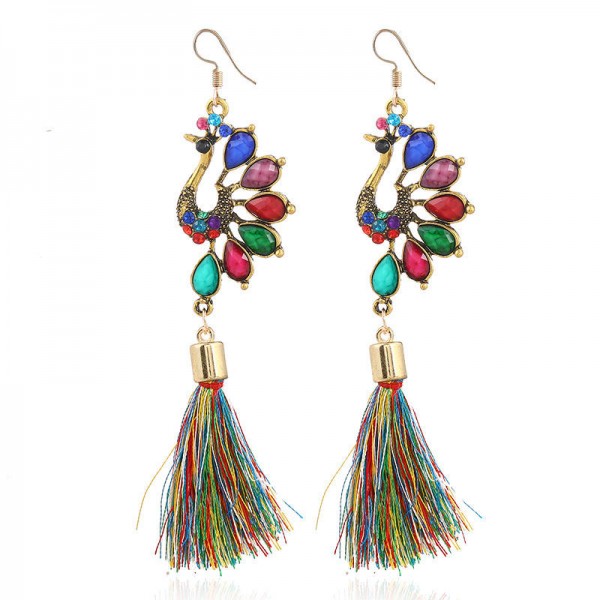 Ethnic Colorful Peacock Crystal Tassel Earring Vintage Long Dangle Earrings for Women