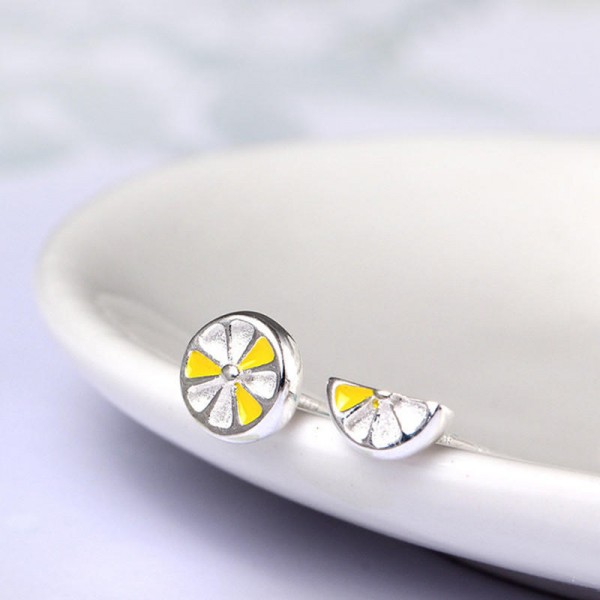 Cute Fresh Lemon Stud Earring 925 Sterling Silver Asymmetric Womens Piercing Fruit Earring