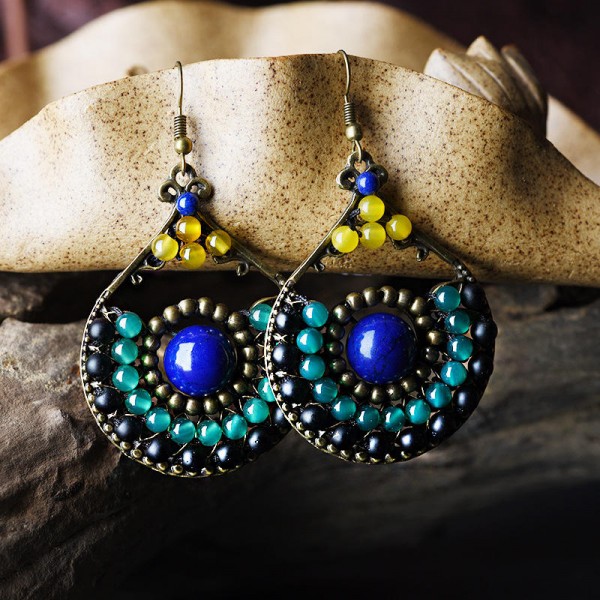 Ethnic Dangle Earring Jade Agate Crystal Ball Beads Pendant Vintage Antique Gold Earrings for Women