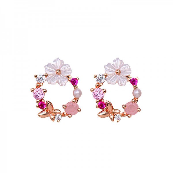 Cute Womens Stud Earring 925 Sterling Silver Needle Shell Flower Butterfly Zirconia Earrings