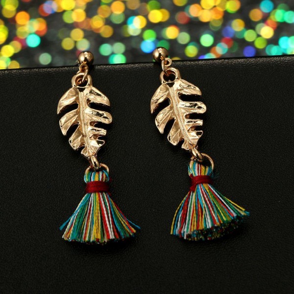Vintage Ear Drop Earring Gold Leaf Fabric Colorful Tassels Charm Earrings Ethnic Jewelry for Women
