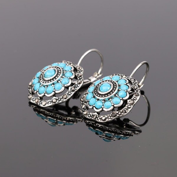 Vintage Ear Drop Earring Hollow Blue Flower Plant Ear Hoop Ethnic Jewelry for Women