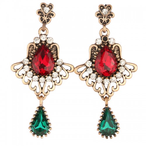 Ethnic Tassel Earring Openwork Drop-shaped Ruby Glass Crystal Temperament Earrings for Women